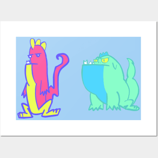 Dino Duo: Pink, Yellow, Blue, and Turquoise Dinosaurs Posters and Art